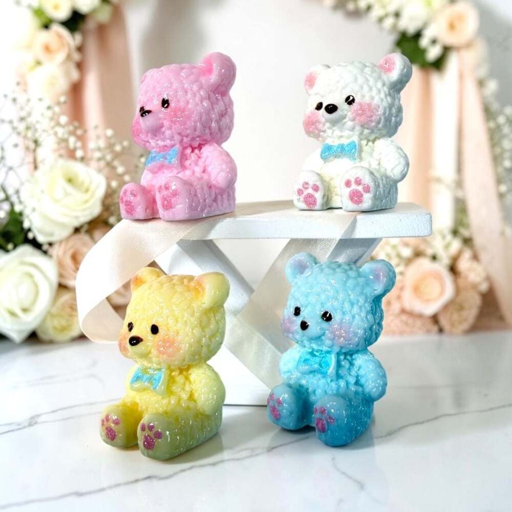 Cute Pastel Resin Teddy Bear Figurines with Bow Tie Detail -Set of 2